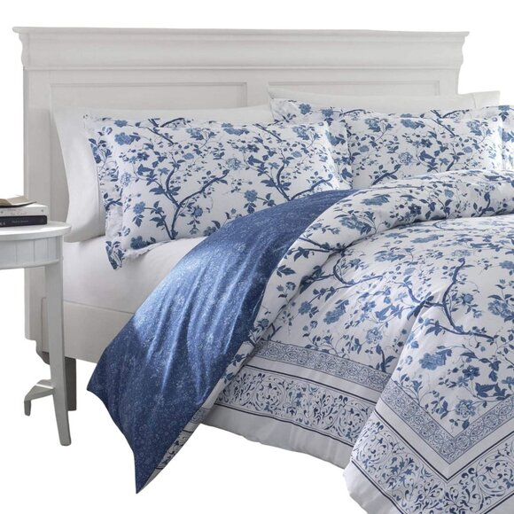 NEW Laura Ashley Cover Set Cotton 3-Piece Shams Charlotte Blue Full / Queen - Picture 4 of 14